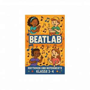 illustration von vier kindern, die musikinstrumente spielen und klatschen, umgeben von bunten musiknoten. der text lautet 