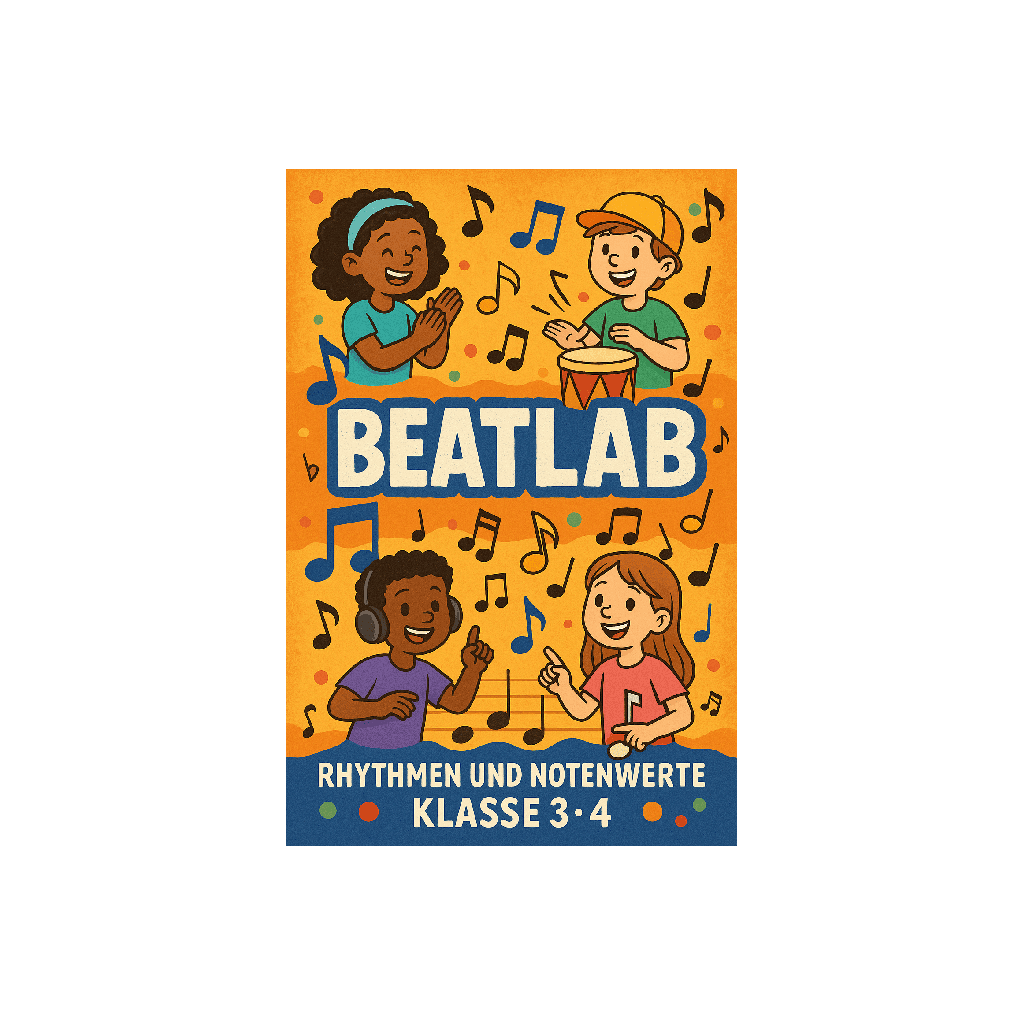 illustration von vier kindern, die musikinstrumente spielen und klatschen, umgeben von bunten musiknoten. der text lautet 