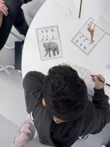 ein kind sitzt an einem weißen tisch und zeichnet den umriss eines dinosauriers. auf dem tisch liegen tierkarten mit den abbildungen eines elefanten und einer giraffe, auf denen musiknoten abgebildet sind.
