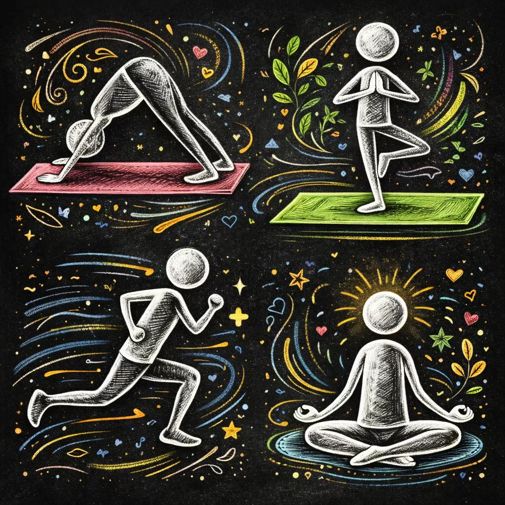vier strichmännchen im kreidestil illustrieren aktivitäten: yogastellung auf einer rosa matte, baumstellung auf einer grünen matte, laufen und meditieren im schneidersitz, umgeben von bunten wirbeln, sternen, herzen und blättern auf schwarzem hintergrund.