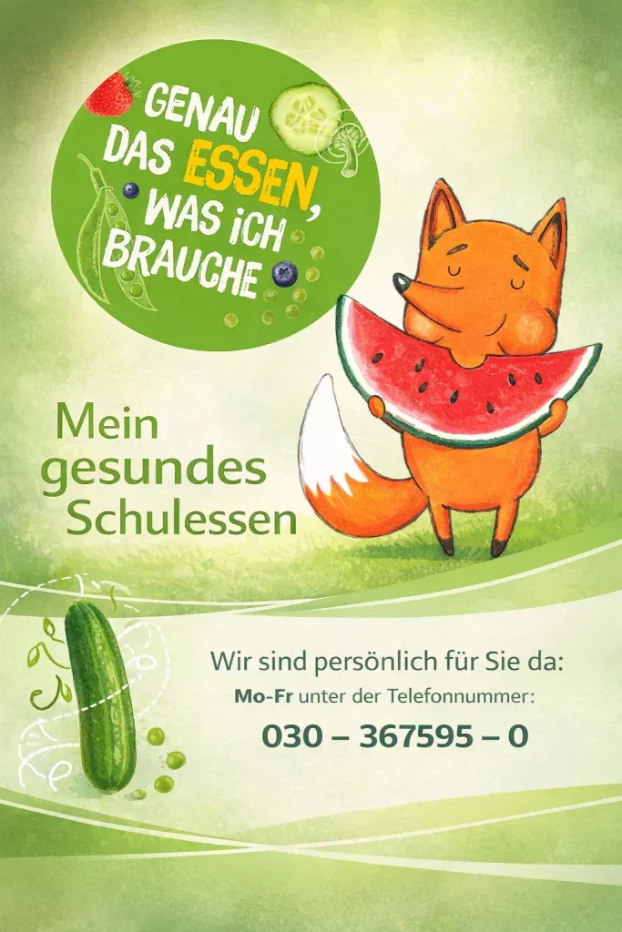 illustration eines glücklichen fuchses, der ein stück wassermelone in der hand hält, mit text, der für gesunde schulmahlzeiten wirbt, einer gurkenzeichnung und kontaktinformationen. das design ist hell und einladend und richtet sich an kinder.