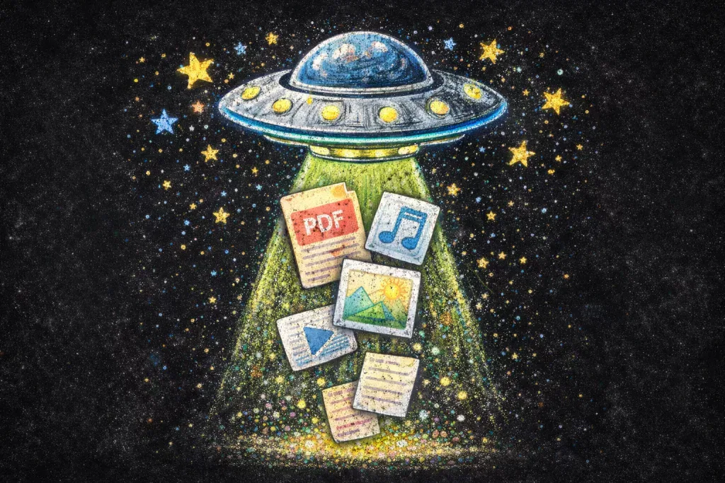 ein ufo strahlt grüne lichtstrahlen aus und entführt verschiedene digitale dateisymbole, darunter pdf , musik , foto und dokumentdateien, vor einem sternenklaren, kosmischen hintergrund.
