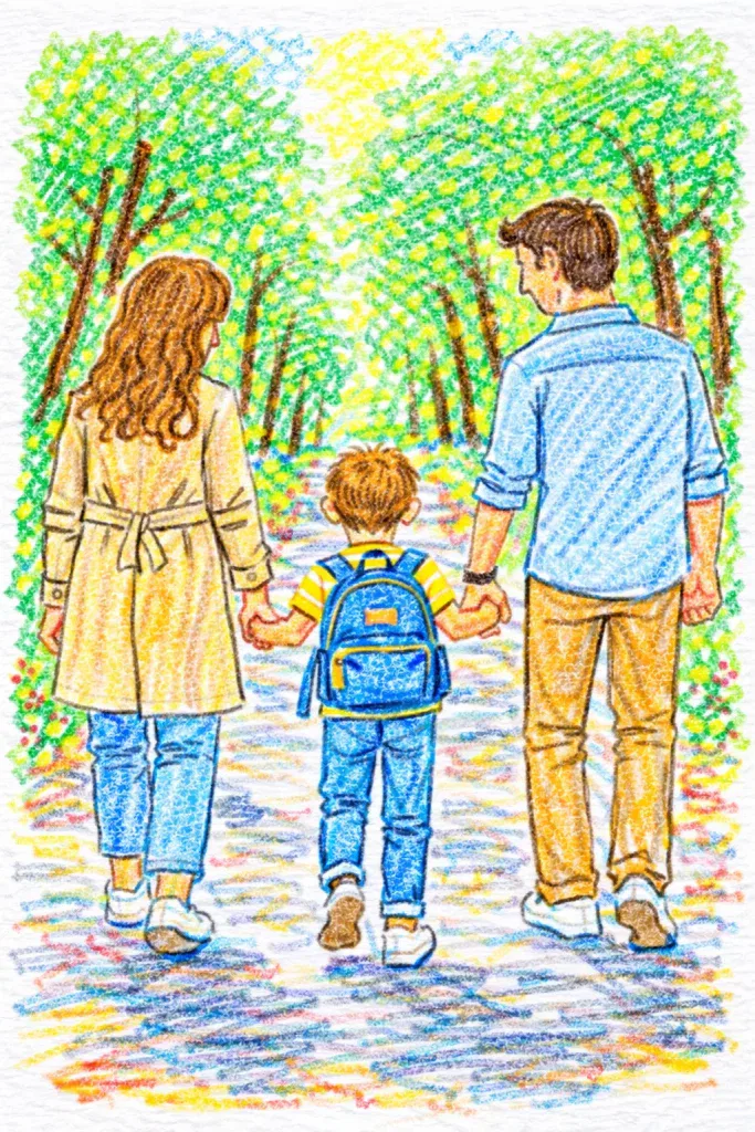 eine bunte zeichnung einer familie, die im freien spazieren geht. zwei erwachsene, einer in einem beigen mantel und ein anderer in einem blauen hemd, halten sich an den händen, während ein kind ein gestreiftes hemd und einen blauen rucksack trägt, alle von hinten auf einem von bäumen gesäumten weg gesehen.