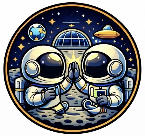zwei cartoon astronauten in raumanzügen geben sich auf dem mond sitzend die hand, mit der erde, einem raumschiff und sternen im hintergrund, eingerahmt von einem kreisförmigen rahmen.