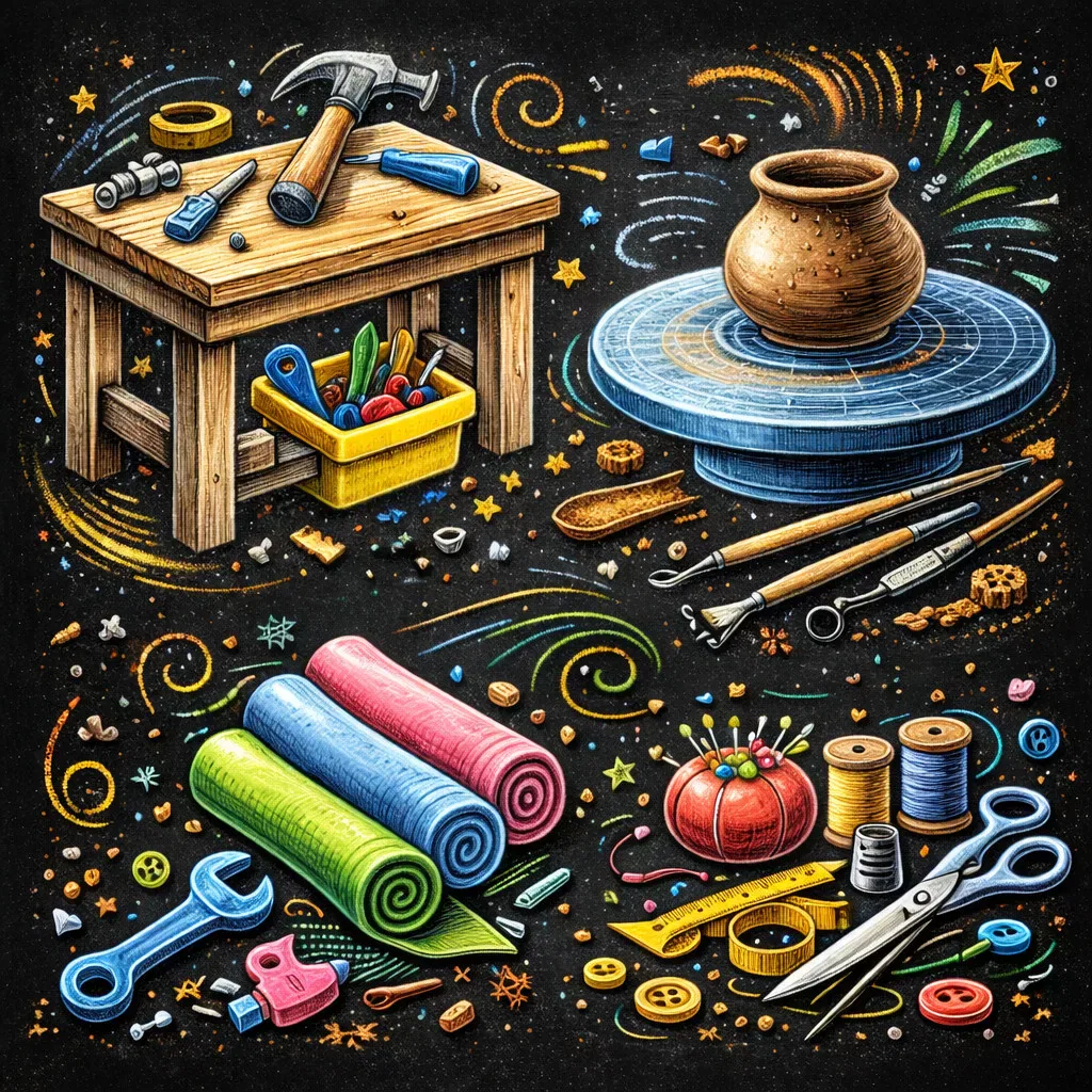 eine farbenfrohe illustration verschiedener bastelwerkzeuge und materialien, darunter eine werkbank, eine töpferscheibe mit tontopf, pinsel, stoffrollen, fadenspulen, eine schere und ein nadelkissen, alles umgeben von wirbelnden dekorativen mustern.