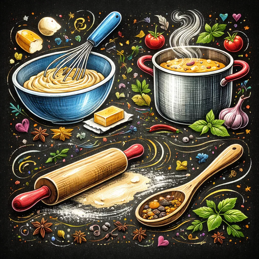 bunte illustration von back und kochwerkzeugen: ein schneebesen, der teig in einer schüssel vermischt, ein dampfender topf mit suppe, ein nudelholz auf bemehltem teig und ein löffel mit gewürzen, umgeben von kräutern, knoblauch, tomaten und dekorativen lebensmittelelementen.