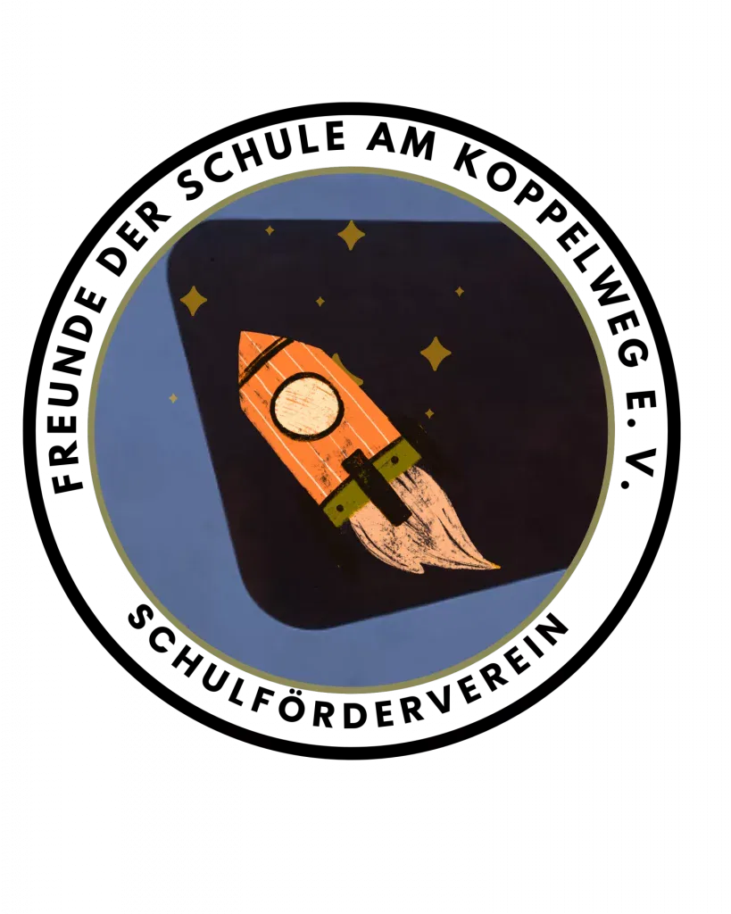illustration einer orangefarbenen rakete mit rundem fenster und weißem auspuff, die durch einen dunklen sternenhimmel innerhalb eines kreisförmigen blauen rahmens fliegt.