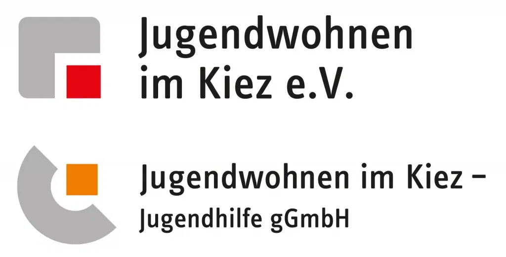 zwei verschiedene logos mit deutschem text. auf dem ersten steht jugendwohnen im kiez e.v. über einem grau roten, quadratischen motiv. auf dem zweiten steht jugendwohnen im kiez jugendhilfe ggmbh neben einem kreisförmigen grau orangenen logo.
