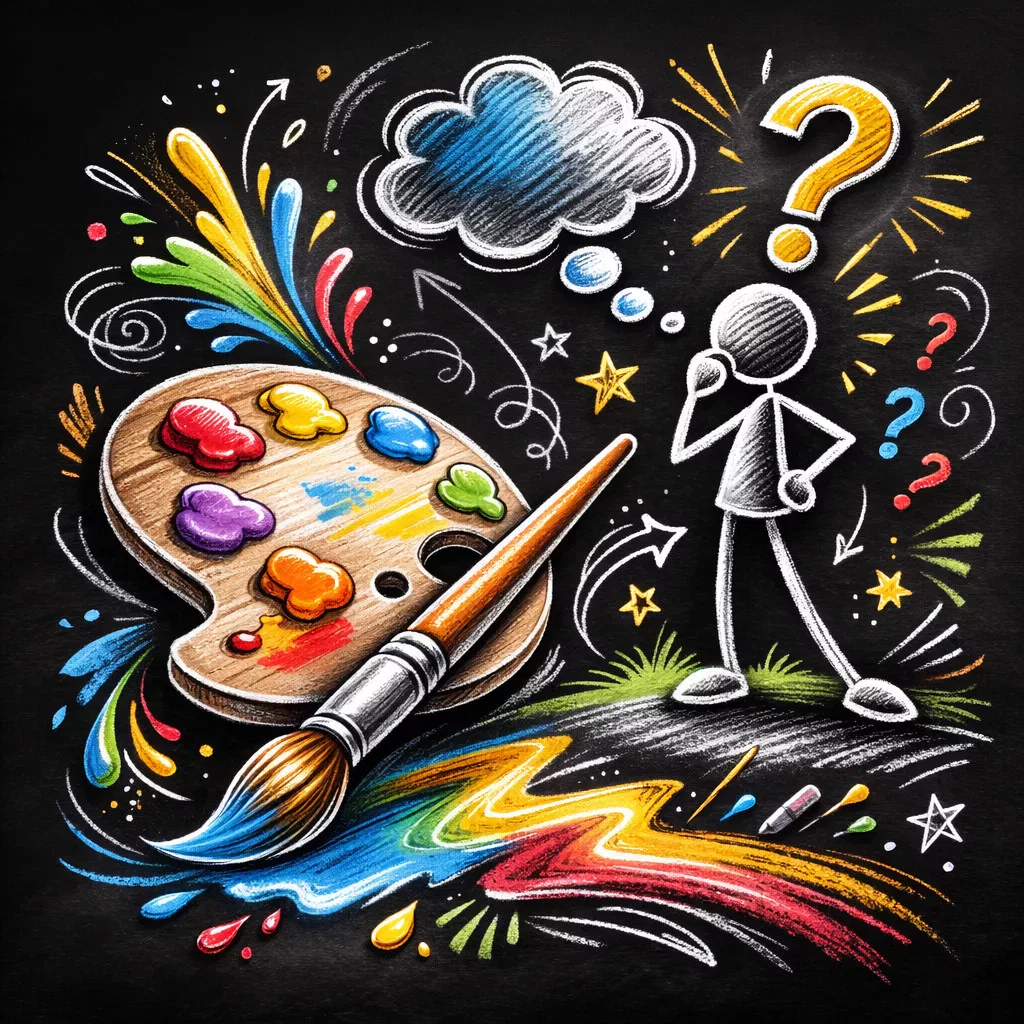 eine bunte kreidezeichnung zeigt eine farbpalette, einen pinsel, wirbelnde farben und ein strichmännchen mit einer gedankenwolke und einem fragezeichen über dem kopf, umgeben von kritzeleien mit sternen, pfeilen und fragezeichen auf einer tafel.