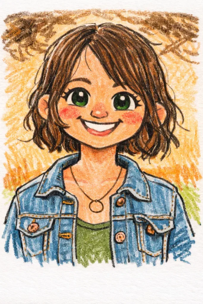 eine bunte, handgezeichnete illustration einer lächelnden person mit kurzen braunen haaren, grünen augen und rosigen wangen, die eine blaue jeansjacke über einem grünen oberteil trägt, mit einer goldenen halskette, vor einem warmen, strukturierten hintergrund.