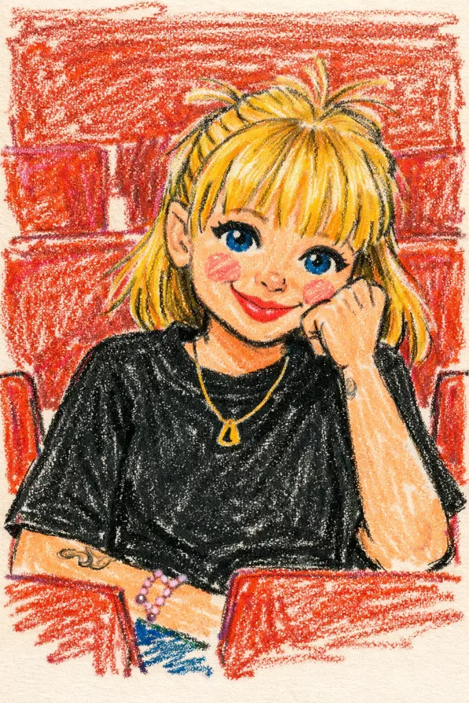 eine buntstiftzeichnung eines lächelnden jungen mädchens mit blondem haar und blauen augen, das ein schwarzes hemd und eine goldene halskette trägt und in einem roten theatersessel sitzt und das kinn auf die hand stützt.