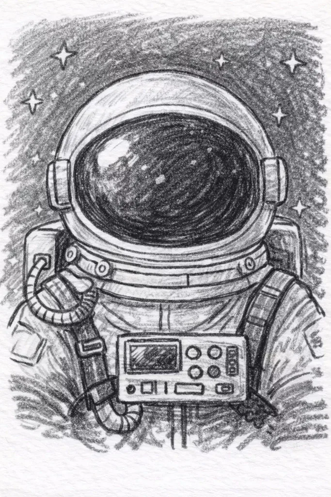 eine bleistiftskizze eines astronauten in einem raumanzug, der im weltraum schwebt und ein steuergerät hält. im hintergrund sind sterne zu sehen, und das helmvisier des astronauten reflektiert licht.