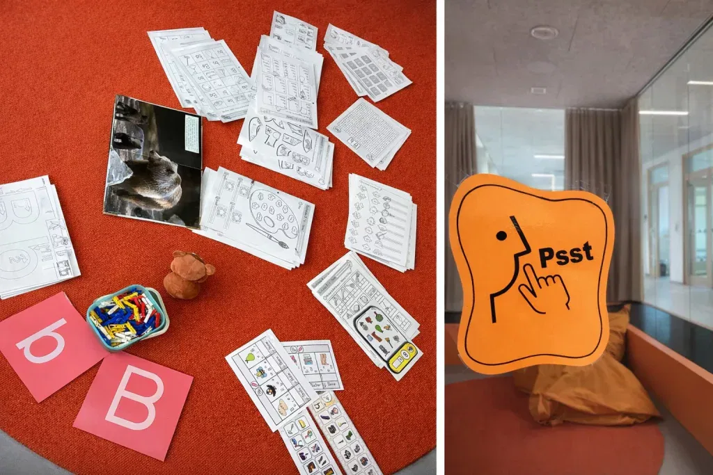 links: verschiedene arbeitsblätter, karten und ein spielzeugbär auf einem orangefarbenen teppich. rechts: eine glastür mit einem orangefarbenen schild, auf dem ein finger über den lippen und der text 