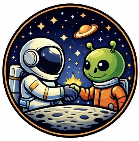 ein cartoon astronaut und ein grüner außerirdischer schütteln sich auf dem mond die hände, mit sternen und einem planeten im hintergrund, als symbol für interstellare freundschaft und zusammenarbeit.