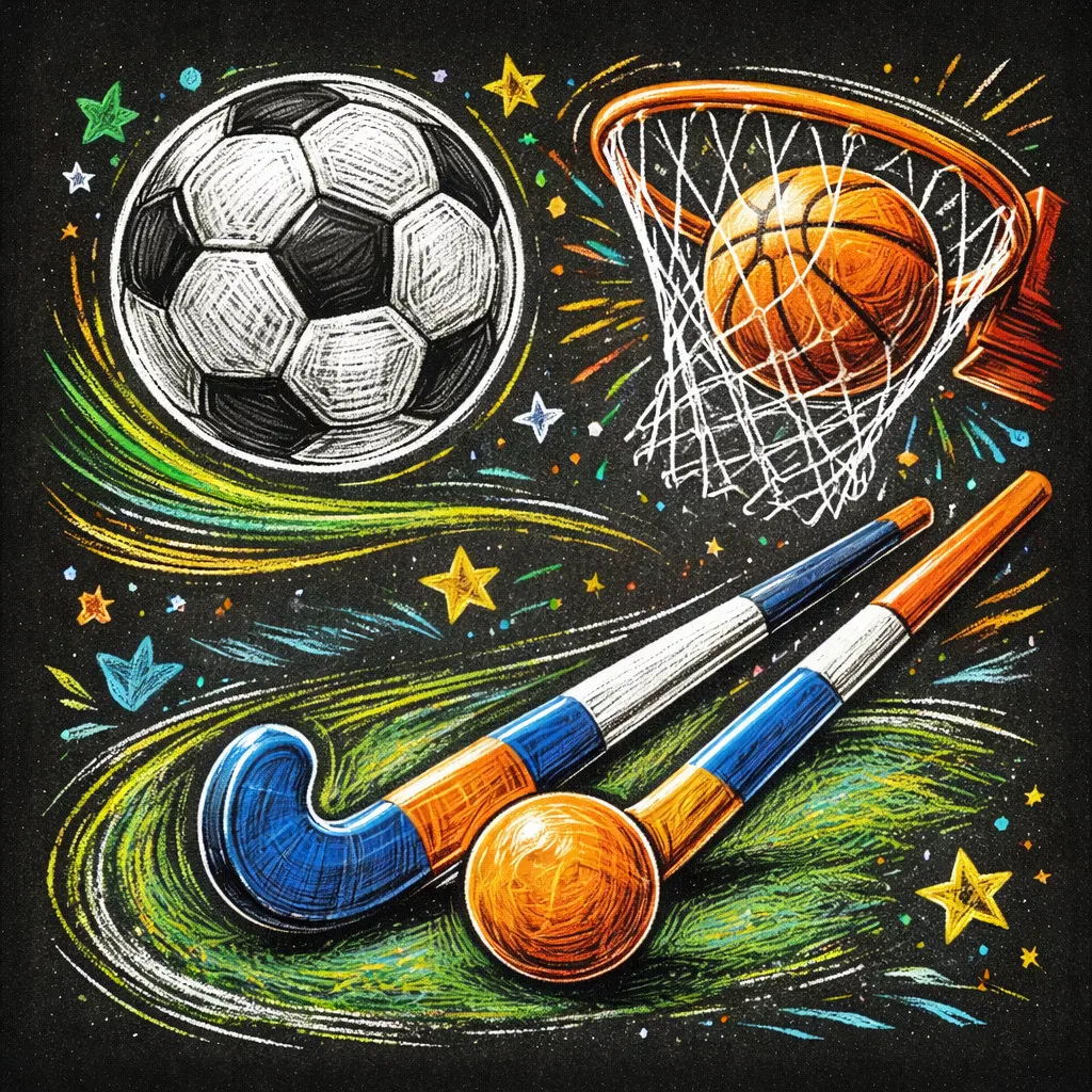 bunte kreidezeichnung eines fußballs, eines basketballs, der durch einen reifen geht, und zweier feldhockeyschläger mit einem ball, umgeben von sternen und wirbeln auf einem tafelhintergrund.