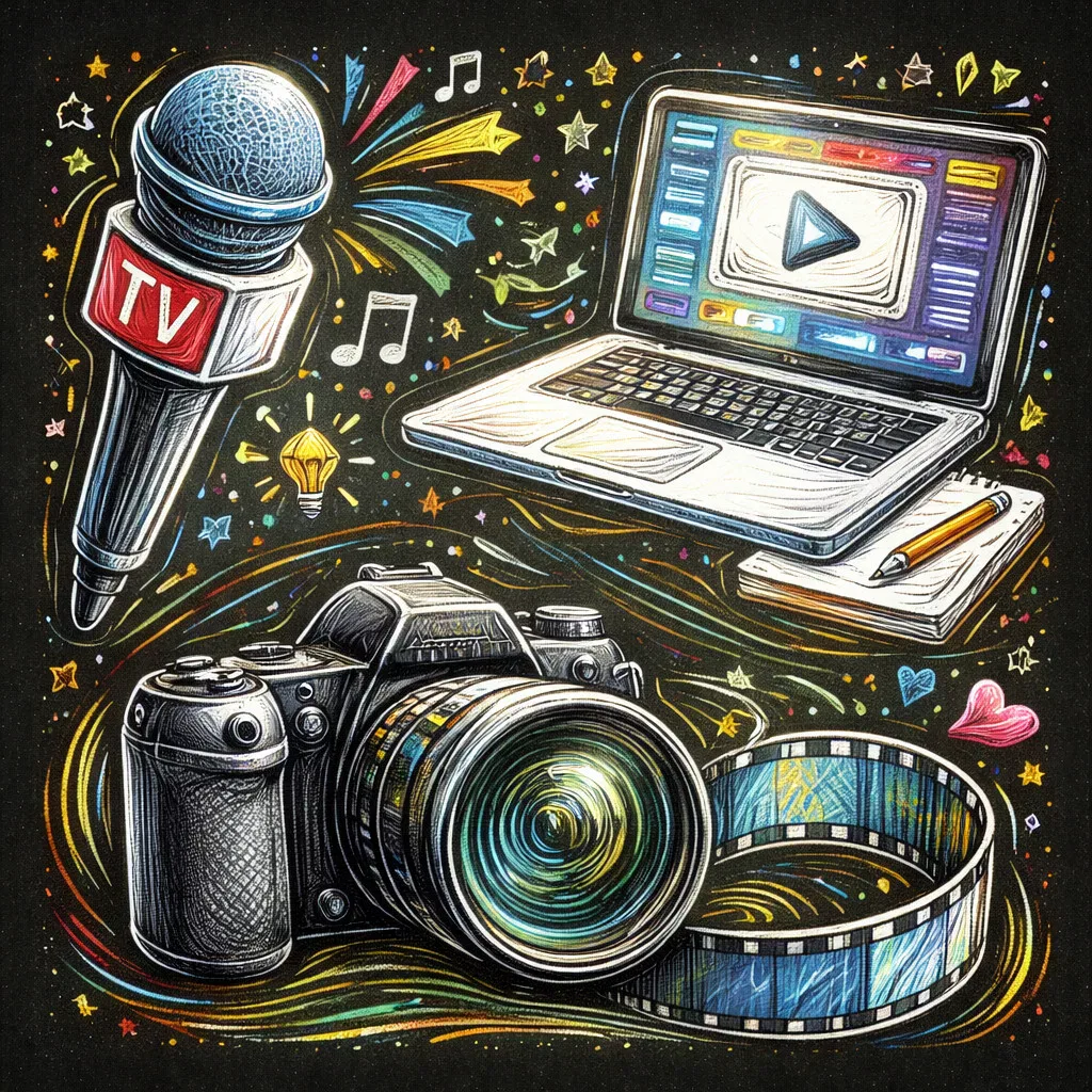 eine farbenfrohe illustration eines fernsehmikrofons, eines laptops mit einer wiedergabetaste auf dem bildschirm, eines notizbuchs mit einem bleistift, einer kamera und einem filmstreifen, umgeben von musiknoten, sternen und glühbirnen.