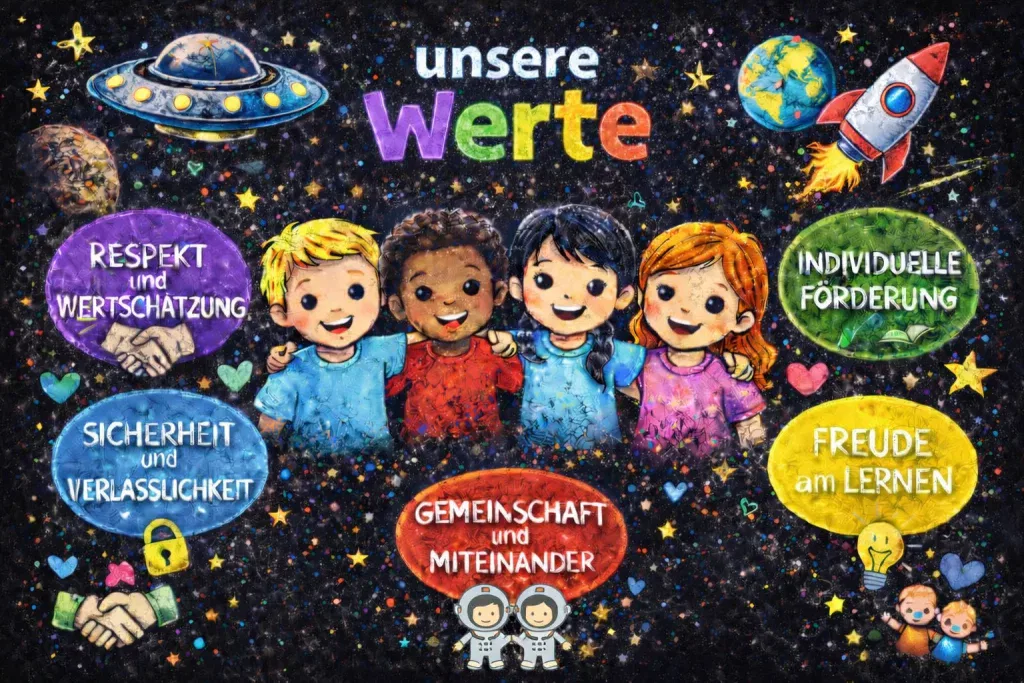 eine farbenfrohe illustration zeigt fünf lächelnde kinder, die sich an den händen halten, umgeben von zeichnungen zum thema weltraum und deutschen textblasen, die werte wie respekt, sicherheit, gemeinschaft und freude am lernen hervorheben.