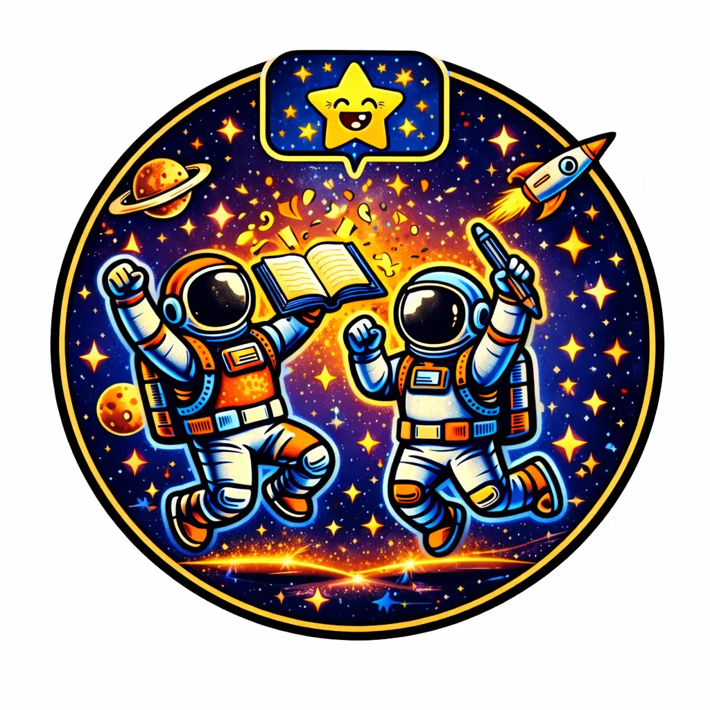 zwei cartoon astronauten schweben freudig im weltraum, umgeben von sternen, planeten und einer rakete. ein astronaut hält ein buch, während ein lächelnder stern über ihnen erscheint. die szene ist bunt und lebendig in einem kreisförmigen rahmen.