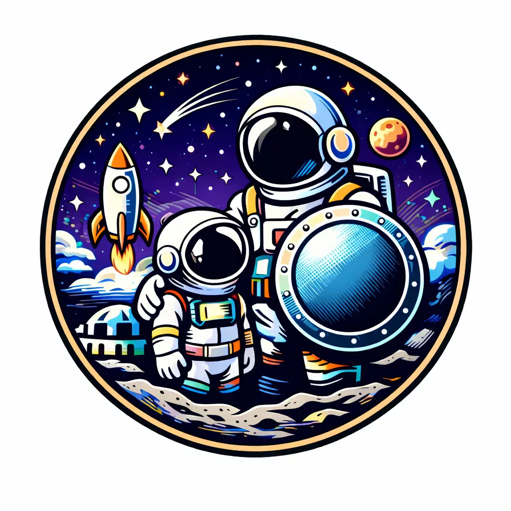 zwei astronauten in farbenfrohen anzügen stehen auf der mondoberfläche mit einer startenden rakete im hintergrund, sternen und planeten am himmel und mondgebäuden im hintergrund, alles in einem kreisförmigen rahmen.