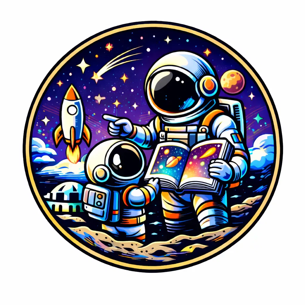 eine bunte illustration von zwei astronauten, einem erwachsenen und einem kind, die auf dem mond stehen. der erwachsene zeigt auf den sternenhimmel und hält ein aufgeschlagenes buch in der hand. im hintergrund startet eine rakete, und planeten und sterne sind zu sehen.