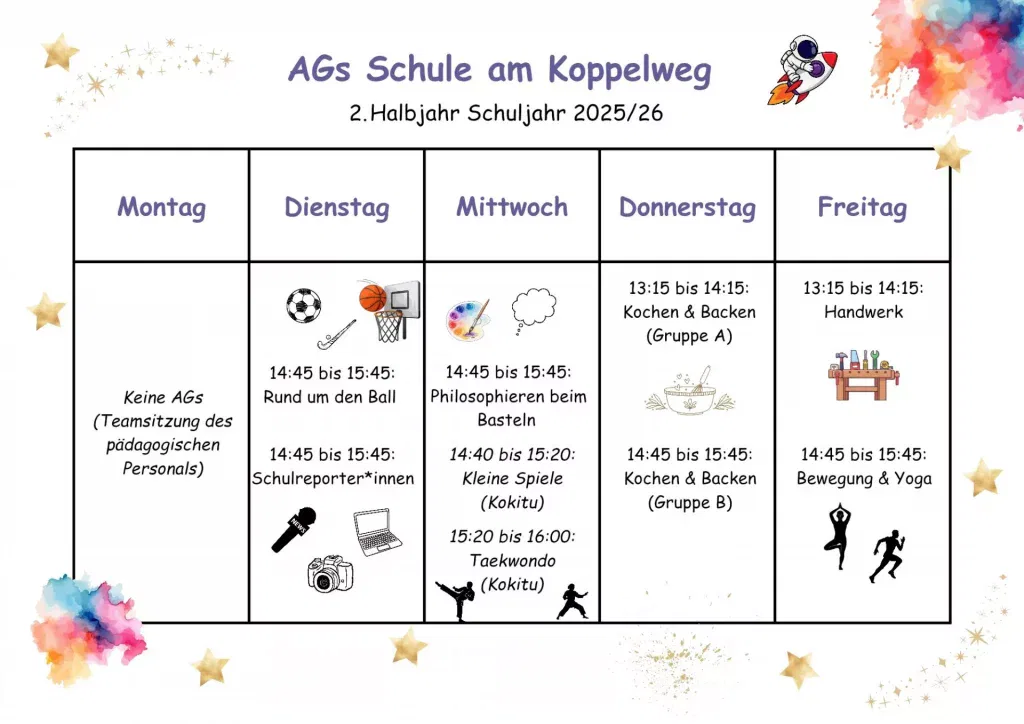 wöchentlicher aktivitätenplan für die schule am koppelweg mit clubs wie kochen, backen, sport, basteln, bewegung, yoga, philosophie und taekwondo, organisiert in einem farbenfrohen stundenplan mit symbolen und spielerischen dekorationen.