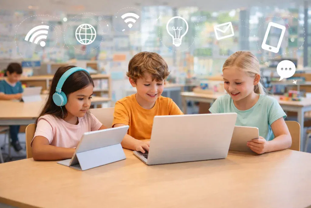 drei kleine kinder sitzen an einem tisch in einem klassenzimmer und benutzen digitale geräte: ein tablet, einen laptop und ein weiteres tablet. Über ihnen sind technologiesymbole wie wi fi und e mail abgebildet, die für digitales lernen stehen.