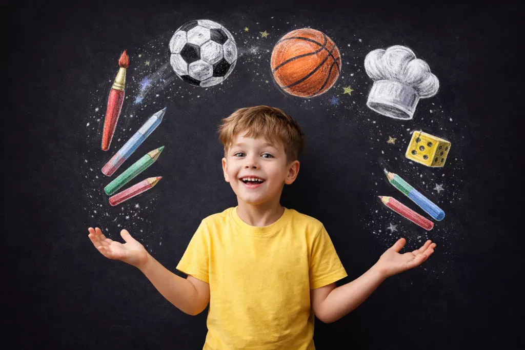 ein lächelnder junge in einem gelben hemd steht vor einer kreidetafel mit bunten zeichnungen eines fußballs, eines basketballs, einer kochmütze, eines pinsels, von würfeln und buntstiften um ihn herum.