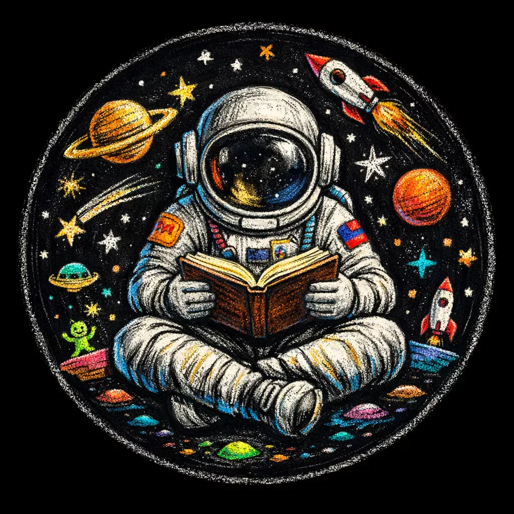 ein astronaut in einem raumanzug sitzt im schneidersitz und liest ein buch im weltraum, umgeben von planeten, sternen, raketen und einem winzigen grünen außerirdischen, alles vor einem schwarzen sternenhintergrund.