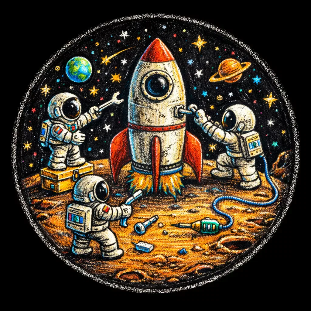 drei astronauten in anzügen arbeiten zusammen auf einem raketenschiff in einer farbenfrohen, sternenübersäten außerirdischen landschaft mit planeten, sternen und werkzeugen, die auf dem boden verstreut sind. im hintergrund sind die erde und der saturn zu sehen.