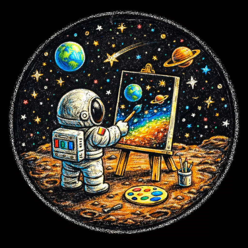 ein cartoon astronaut malt eine farbenfrohe kosmische szene auf einer staffelei, während er auf dem mond steht, umgeben von planeten, sternen und kunstzubehör unter einem sternenhimmel.
