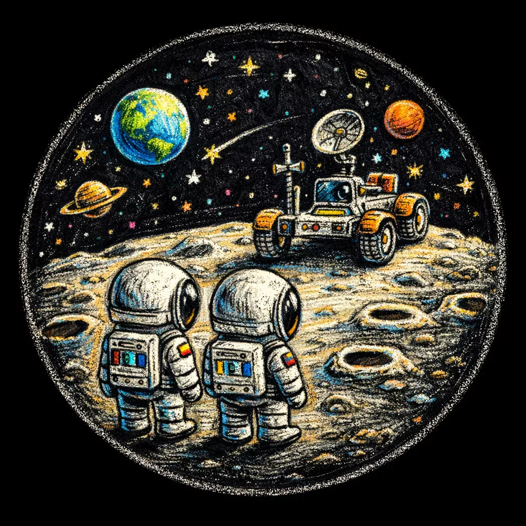 zwei astronauten in raumanzügen stehen auf der mondoberfläche und schauen auf einen rover. erde, mars, saturn und sterne sind am bunten himmel über der mondlandschaft zu sehen. das bild ist in einem kreideähnlichen stil gezeichnet.