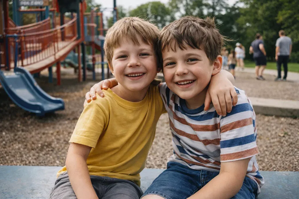 zwei jungen sitzen lächelnd dicht beieinander auf einem spielplatz, wobei der eine junge den arm um die schultern des anderen legt. im hintergrund sind spielplatzgeräte und andere personen zu sehen.