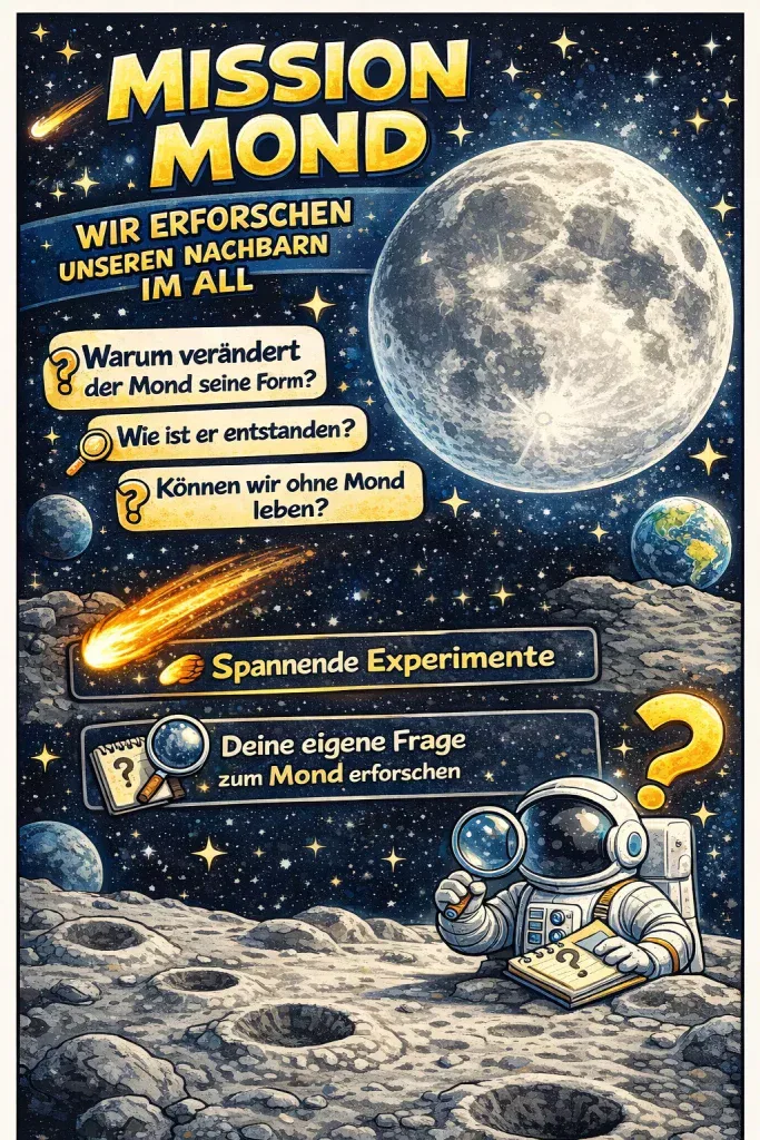ein farbenfrohes plakat in deutscher sprache mit dem titel mission mond zeigt einen großen mond im weltraum, einen astronauten mit einem notizblock auf der mondoberfläche und mehrere sprechblasen über den mond, umgeben von sternen und kometen.