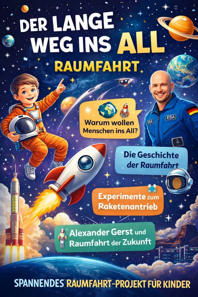 illustriertes poster über die raumfahrt für kinder. es zeigt einen astronauten, eine rakete, planeten, sterne und infokästen mit themen wie warum menschen ins all fliegen, raketenexperimente und alexander gerst. der text ist auf deutsch.