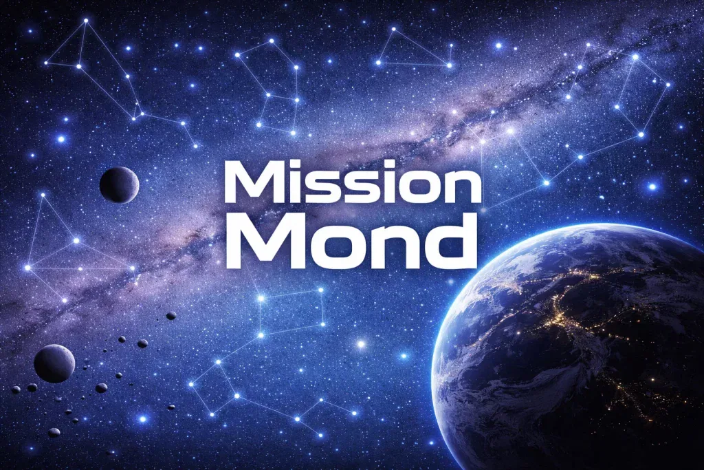 der text mission mond wird über ein bild der erde aus dem weltraum gelegt, auf dem die lichter der stadt, nahe gelegene planeten und sterne sowie weiße sternbildlinien vor einem tiefblauen sternenhintergrund zu sehen sind.