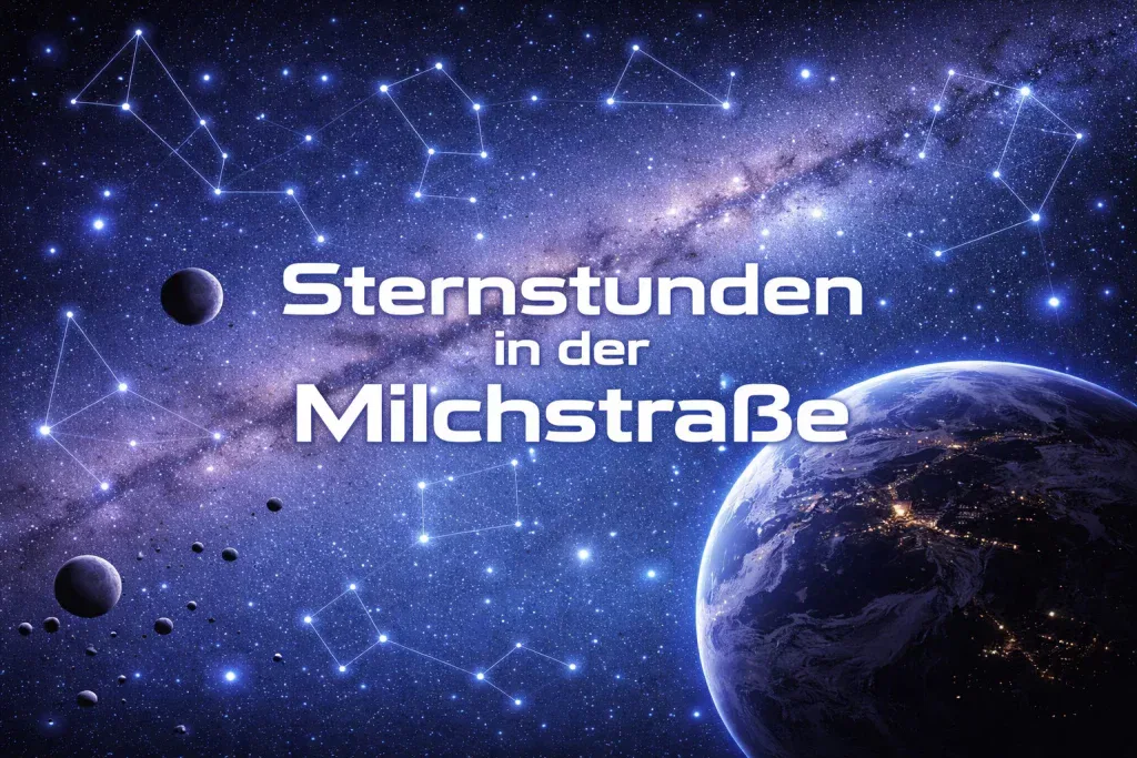 ein blick auf die erde aus dem weltraum mit sternen, sternbildern und planeten. der text auf deutsch lautet: sternstunden in der milchstraße, d. h. große momente in der milchstraße.