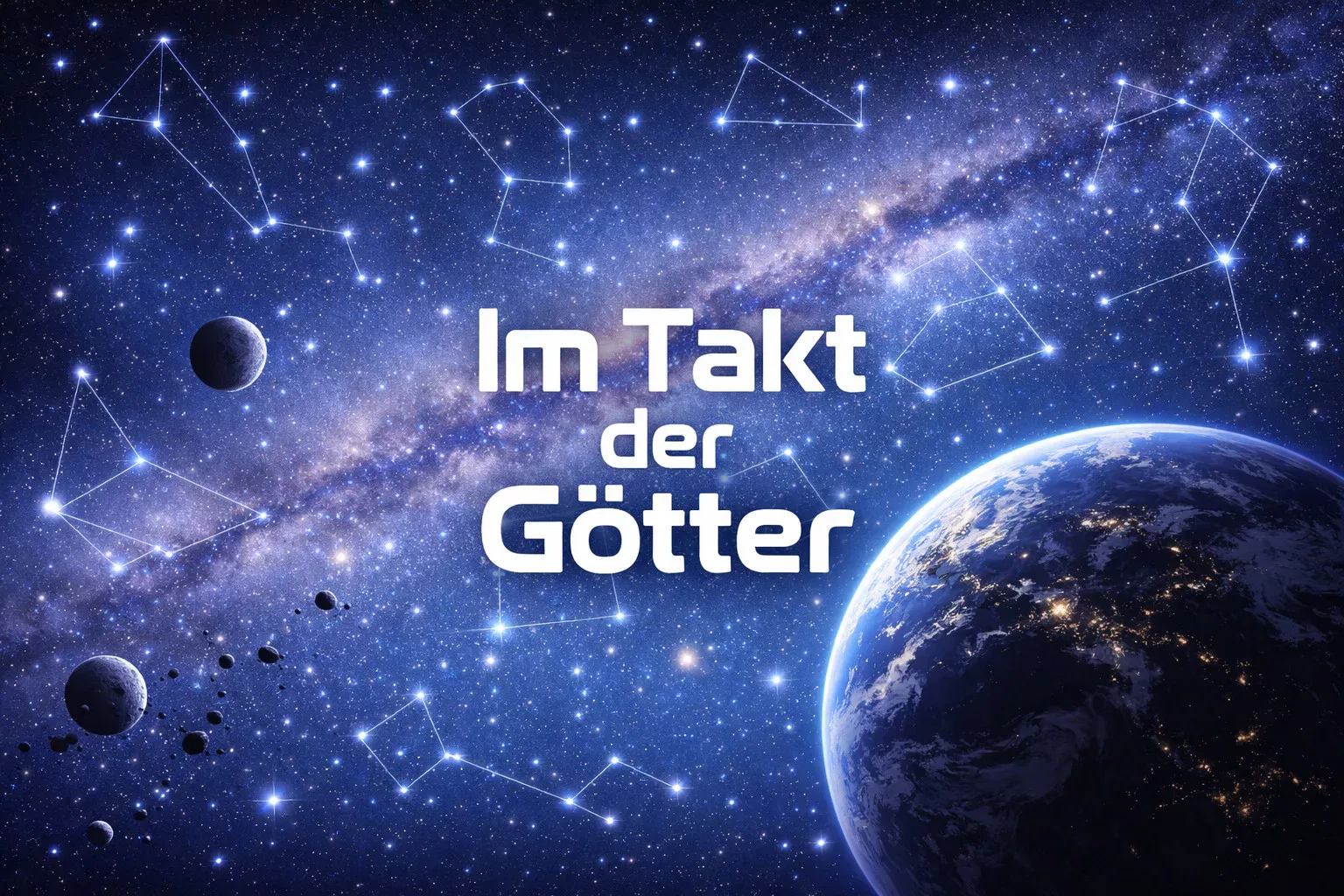 ein blick auf die erde aus dem weltraum mit sternen, planeten und sternbildlinien. die milchstraße erstreckt sich über den hintergrund. in der mitte steht in fetten weißen buchstaben 