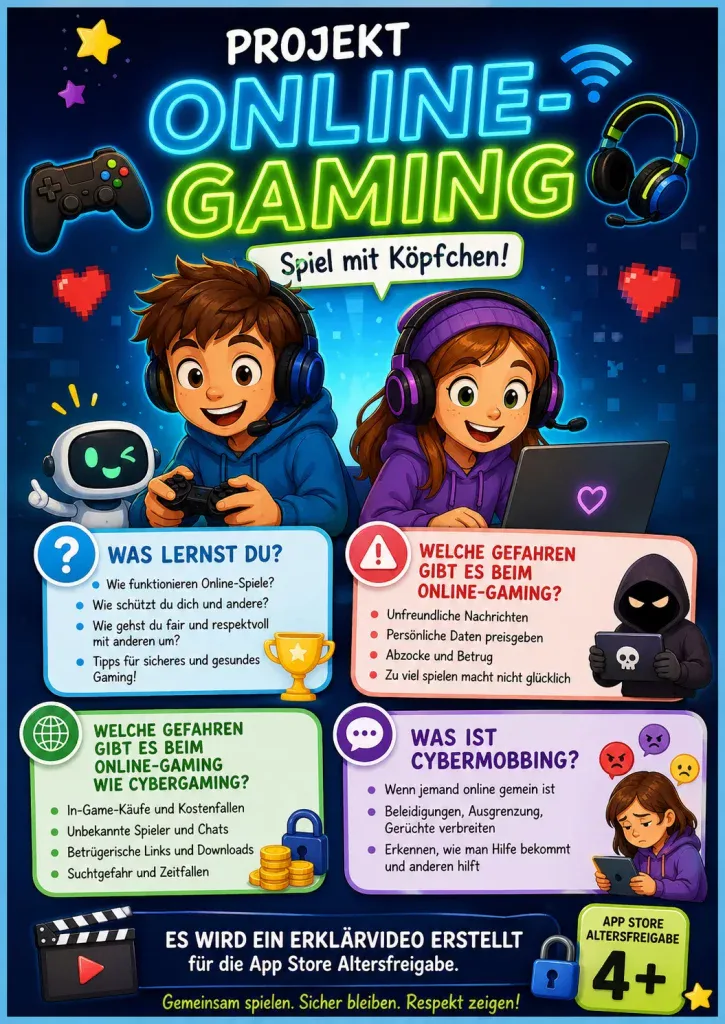 buntes poster für kinder zum thema sicherheit beim online spielen, das zwei glückliche kinder beim spielen mit einem roboter zeigt. enthält tipps zu cybergefahren, cybermobbing und sicherem verhalten. helle symbole und spielerischer text auf deutsch. für kinder ab 4 jahren. buntes poster für kinder zum thema sicherheit beim online spielen, das zwei glückliche kinder beim spielen mit einem roboter zeigt. enthält tipps zu cybergefahren, cybermobbing und sicherem verhalten. helle symbole und spielerischer text auf deutsch. für kinder ab 4 jahren.