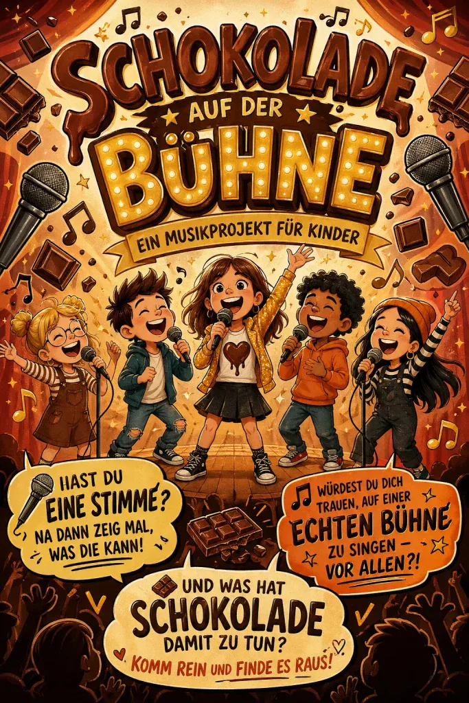 vier fröhliche kinder singen und spielen auf der bühne mit mikrofonen, umgeben von schokoladentafeln und musiknoten. der hintergrund ist lebendig und farbenfroh und wirbt für ein kindermusikprojekt namens 