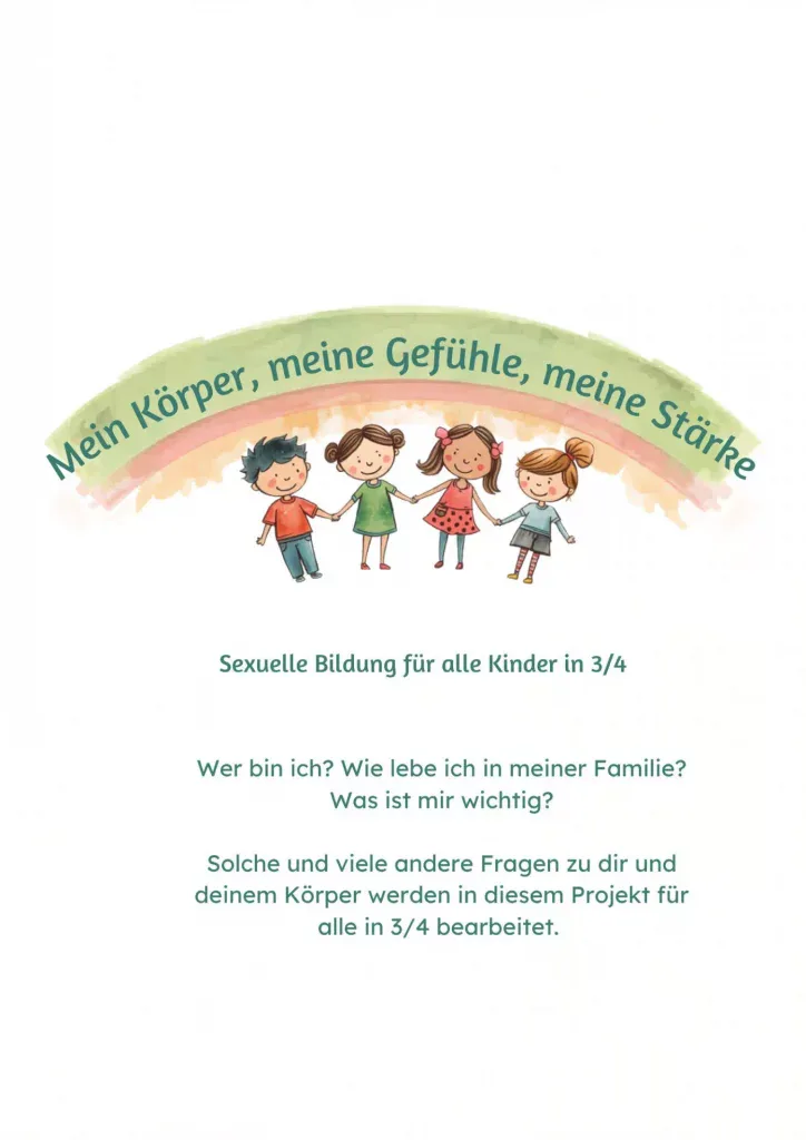 illustration von drei lächelnden kindern, die sich unter einem regenbogenbanner mit der aufschrift mein körper, meine gefühle, meine stärke an den händen halten. darunter steht ein deutscher text über sexualerziehung für kinder der klassenstufen 3/4. illustration von drei lächelnden kindern, die sich unter einem regenbogenbanner mit der aufschrift mein körper, meine gefühle, meine stärke an den händen halten. darunter steht ein deutscher text über sexualerziehung für kinder der klassenstufen 3/4.