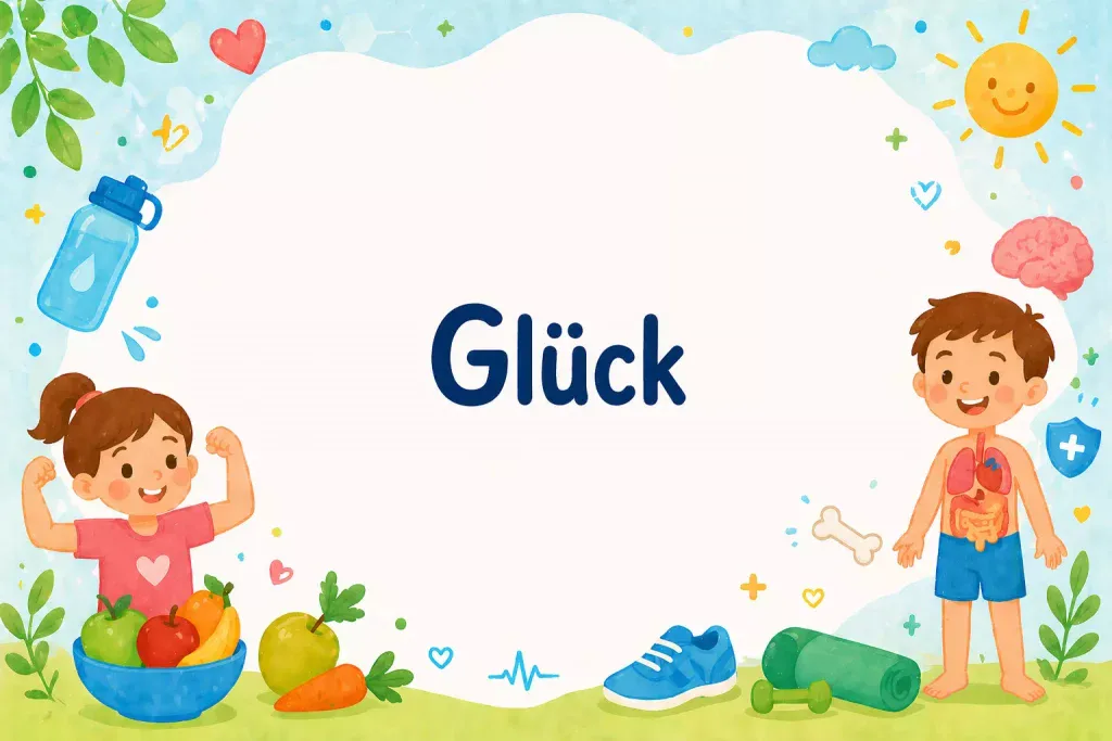 Glücksdetektive illustration eines glücklichen mädchens mit Äpfeln und gemüse und eines lächelnden jungen mit sichtbaren organen, umgeben von gesundheitssymbolen wie einer wasserflasche, einem herz, einem turnschuh und sonnenschein. das wort glück steht in der mitte.