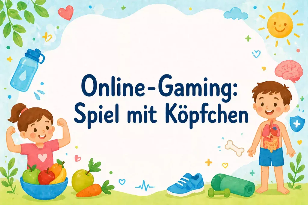Online-Gaming: Spiel mit Köpfchen bunte illustration mit deutschem text online gaming: spiel mit köpfchen. zeigt ein mädchen, das stärke mit obst und gemüse zeigt, und einen jungen mit organabbildungen, umgeben von gesundheits und fitnesssymbolen, auf einem hellen hintergrund.