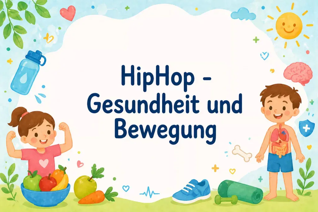 HipHop - Gesundheit und Bewegung bunte illustration mit dem deutschen text hiphop gesundheit und bewegung. es zeigt ein mädchen, das seine arme in der nähe von obst und gemüse bewegt, und einen jungen in sportkleidung, mit fitness und gesundheitssymbolen um sie herum.
