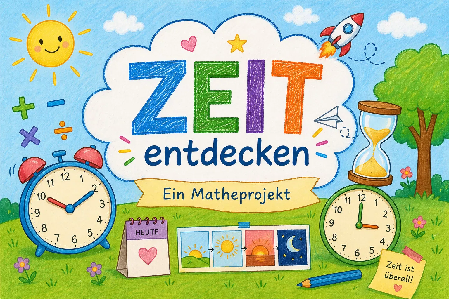 bunt illustriertes cover mit den deutschen wörtern zeit entdecken und ein matheprojekt. mit uhren, sonne, mondphasen, sanduhr, wecker, rakete, wolken, gras und einem klebezettel mit der aufschrift 