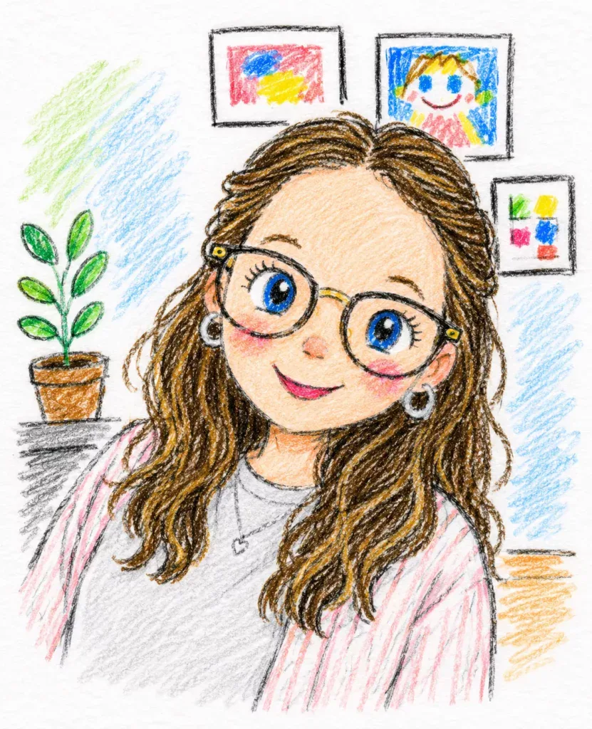 eine farbenfrohe buntstiftzeichnung einer lächelnden frau mit gewelltem braunem haar, einer brille und einer herz halskette. sie trägt einen rosafarbenen pullover, hinter ihr stehen eine topfpflanze und ein gerahmtes kunstwerk an der wand. eine farbenfrohe buntstiftzeichnung einer lächelnden frau mit gewelltem braunem haar, einer brille und einer herz halskette. sie trägt einen rosafarbenen pullover, hinter ihr stehen eine topfpflanze und ein gerahmtes kunstwerk an der wand.